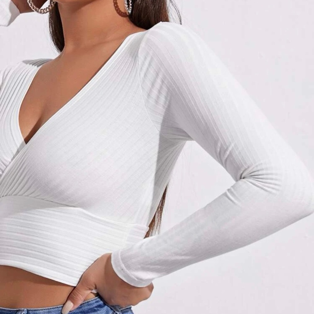 Surplice Neck Rib-Knit Crop Tee - Picture 4 of 5